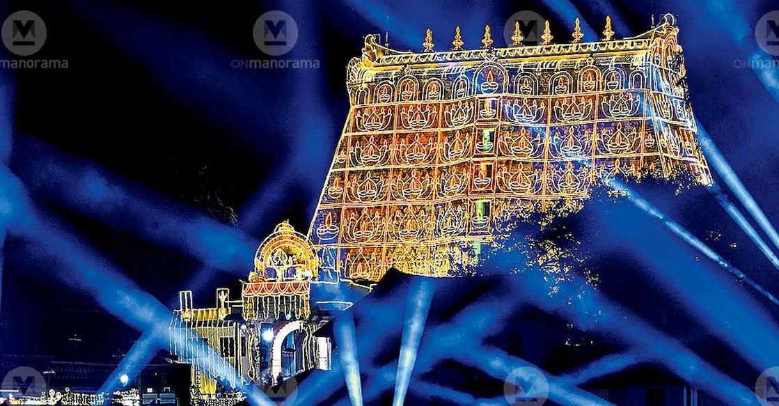 The Sree Padmanabhaswamy Temple illuminated during a trial run of lighting on Tuesday evening. Photo: Special arrangement