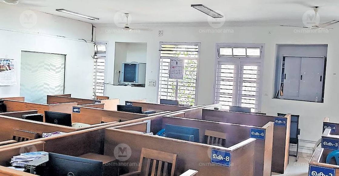 The Finance Wing office at the Kozhikode Collectorate stands deserted, with work coming to a standstill after staff were deployed for SIR hearings. The scene was captured around 12.30 pm on Saturday. Photo: Manorama