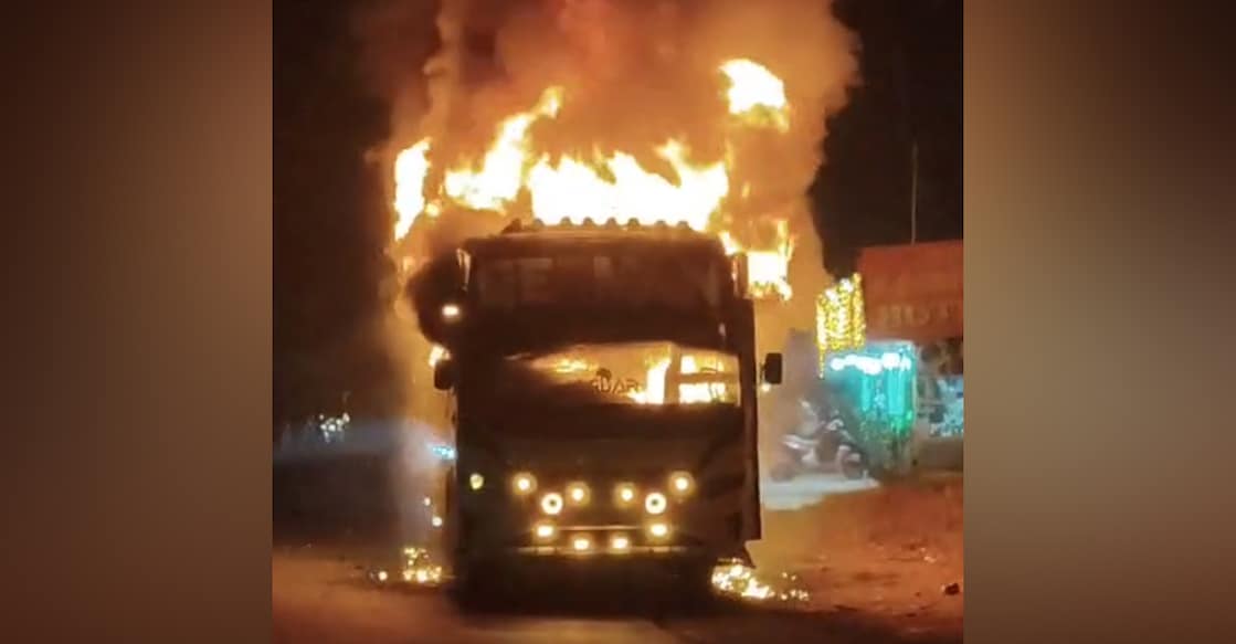 A screengrab showing the bus in flames. Photo: Special arrangement