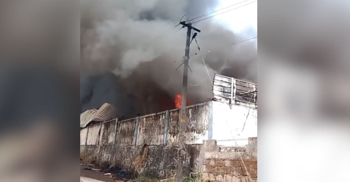 The fire that broke out at a Chappal factory in Mini Ooty, Malappuram district. Photo: Special Arrangement