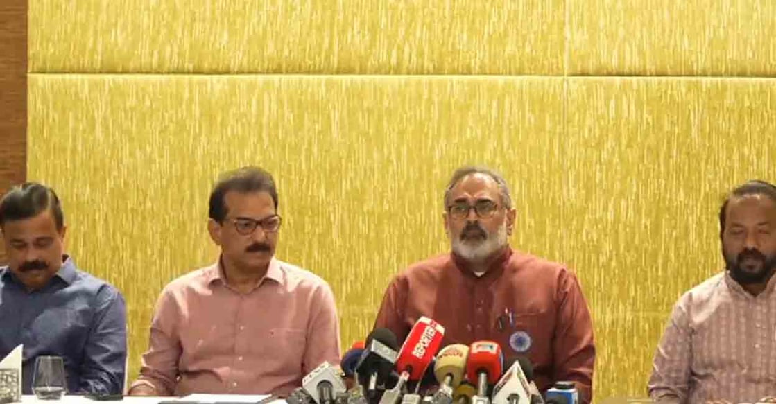 Twenty20's Sabu M Jacob and BJP State President Rajeev Chandrashekhar. Photo: Facebook/BJP Keralam