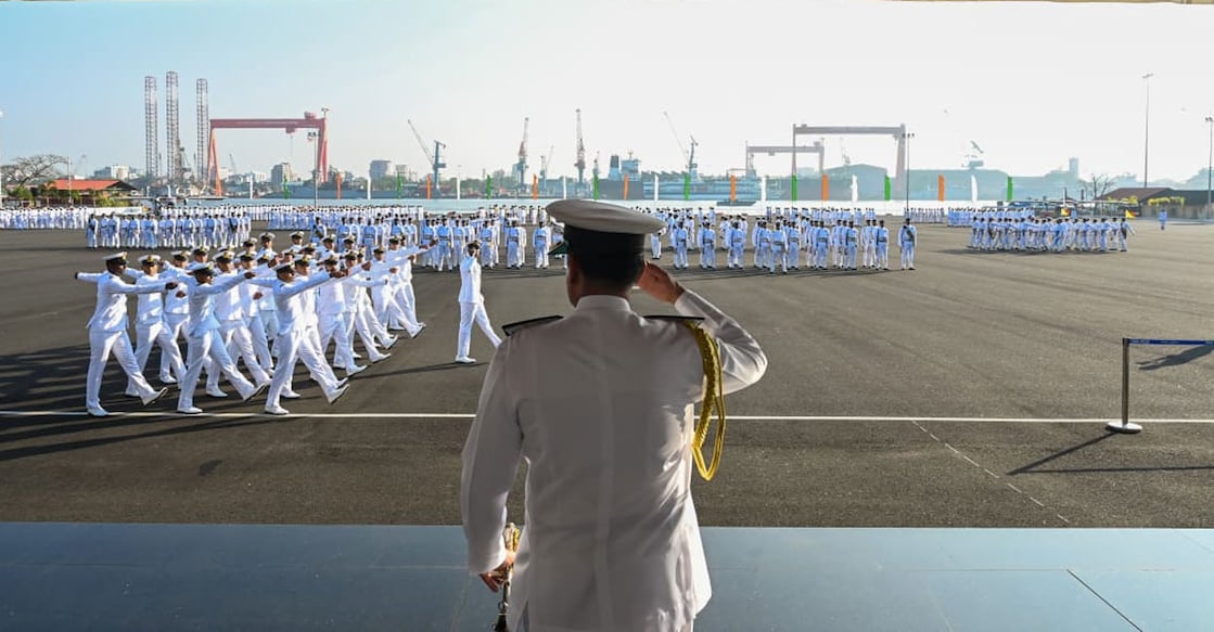 Vice Admiral Sameer Saxena, Flag Officer Commanding-in-Chief (FOC-in-C), reviewed the parade and addressed personnel on the Navy's strategic developments over the past year. Photo: Special Arrangement