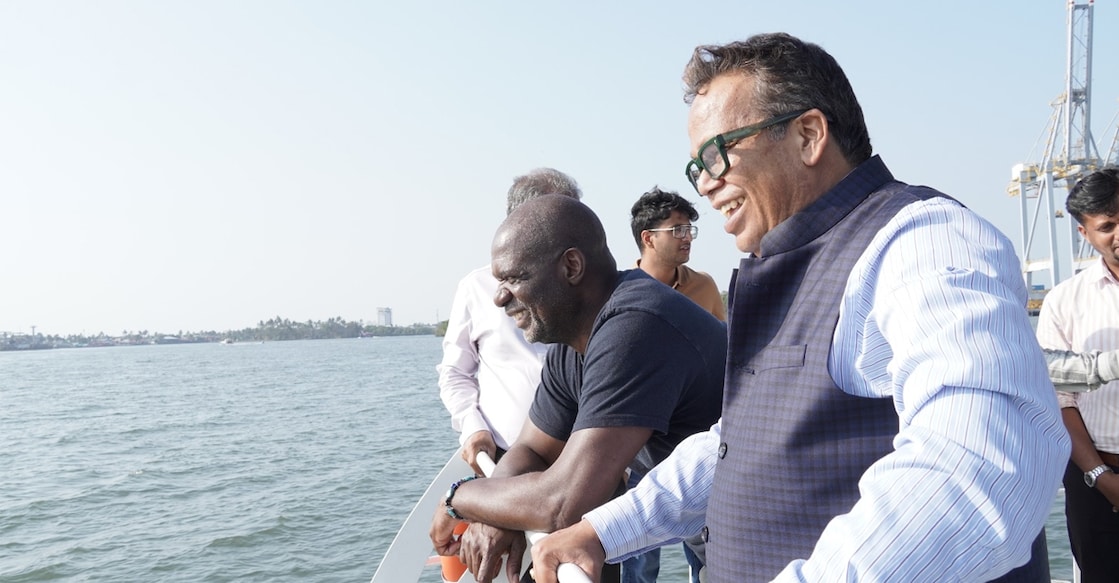 Kochi Metro Rail Limited Managing Director Loknath Behera (R) and Ben Johnson during the water metro ride. Photo: Special arrangement