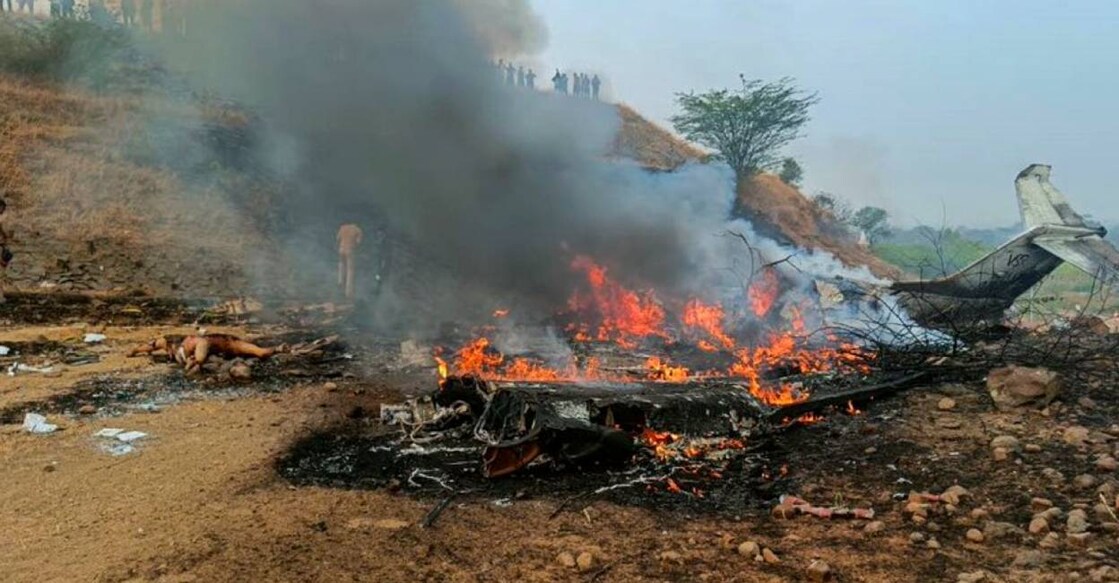 Maharashtra Deputy Chief Minister Ajit Pawar's plane in flames after it crashed during landing, at Baramati in Pune district. Photo: PTI