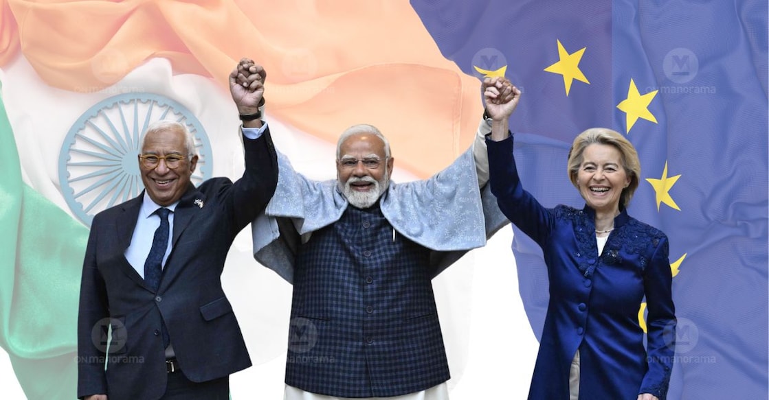President of the European Council Antonio Costa, Prime Minister of India Narendra Modi and President of the European Commission Ursula von der Leyen. Photo: Onmanorama