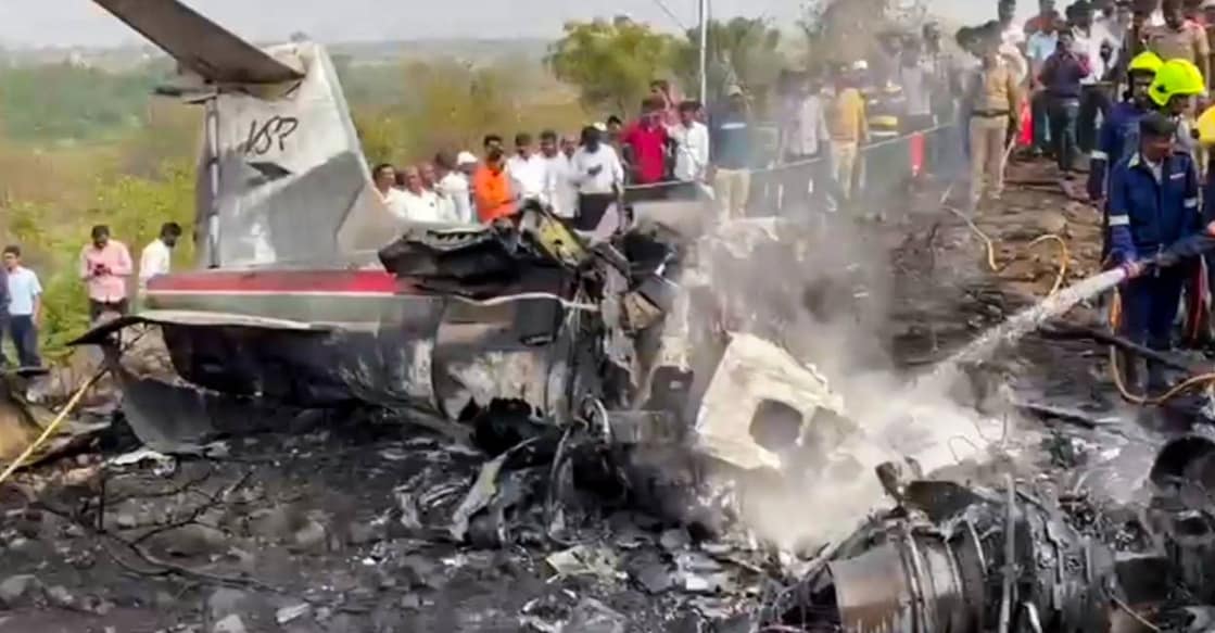 Rescue work underway after an aircraft carrying Maharashtra Deputy Chief Minister Ajit Pawar crashed during landing, at Baramati in Pune district, Maharashtra. Photo: PTI