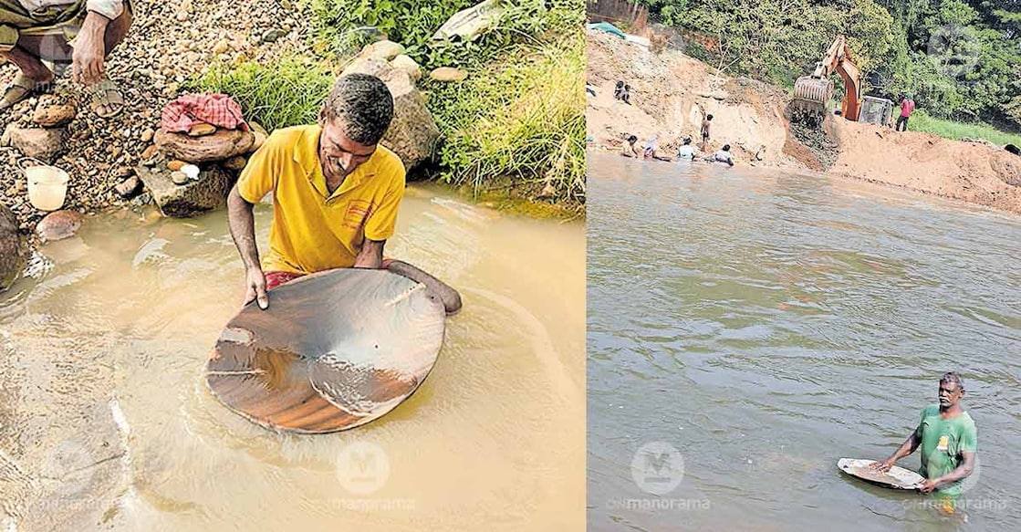 Combo image of Muhammadali sifting gold using a Maravi at Maruthapuzha (L) and people searching for gold grains in sand removed for bridge construction at Edakkara Mooppinikkadavu in Punnapoo. Photo: Special arrangement
