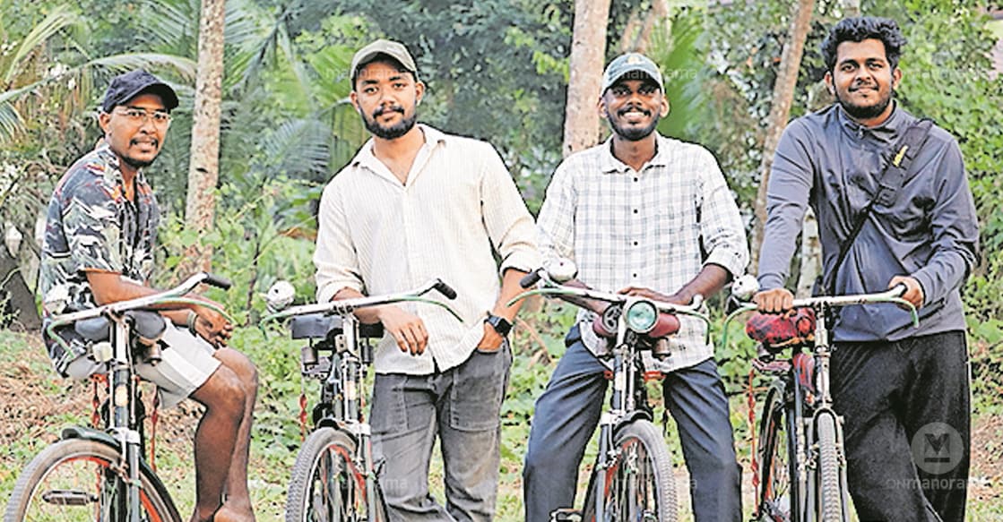 Ochira natives (from left) Ananthu Ajay, Aslam, Akhilesh and Premchand, who have set out on a 60-day bicycle journey from Ochira to Manali to make a film. Photo: Manorama