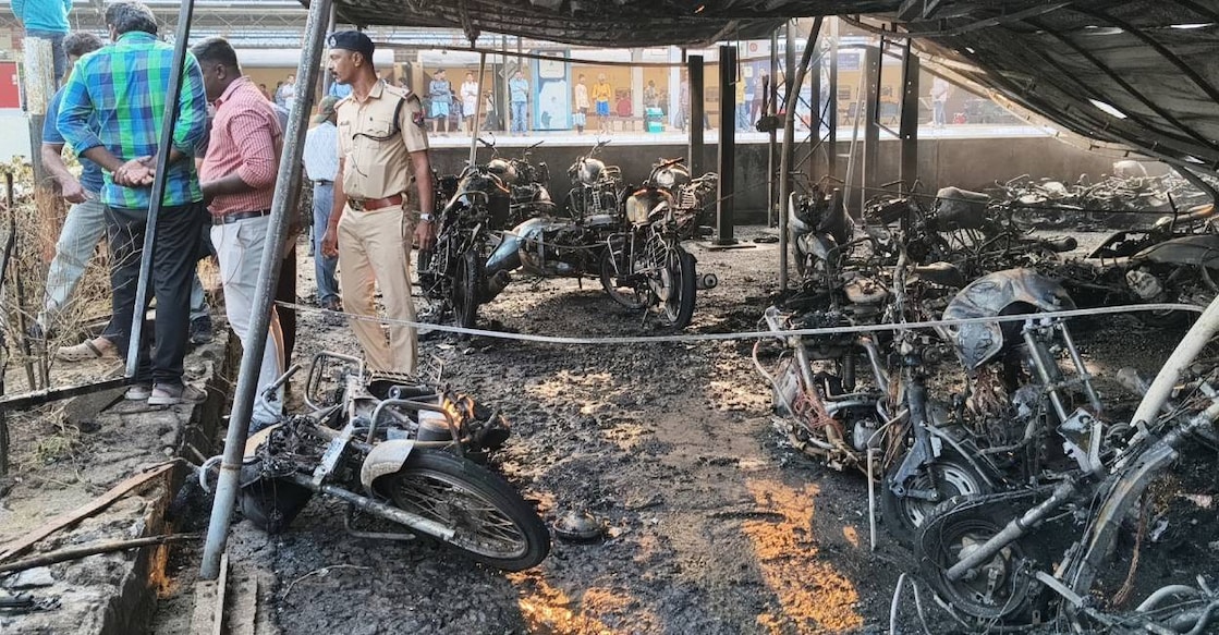 The two-wheeler parking area at Thrissur railway station which gutted in fire. Photo: Special Arrangement.
