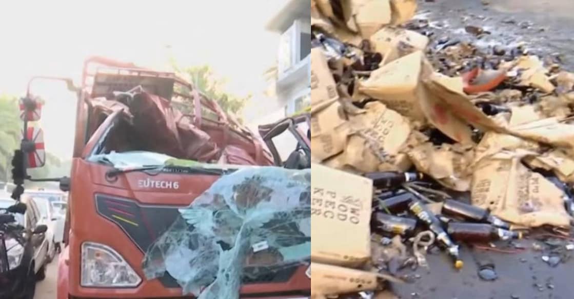 The lorry met with the accident (L) and view of the beer bottles fell on the road (R). Photo: Manorama News