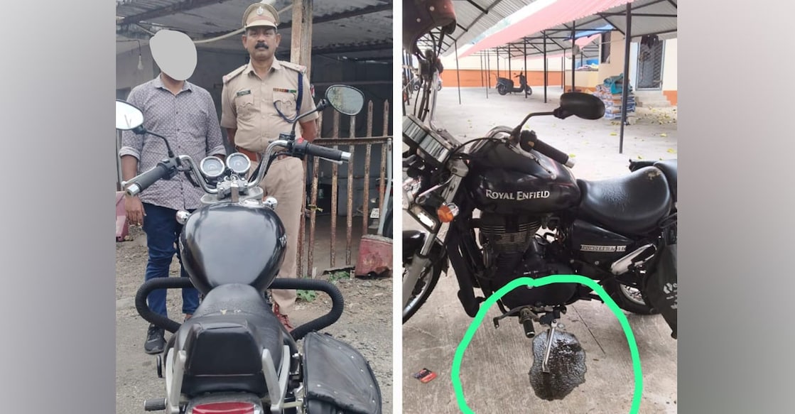 1. RPF personnel with the vehicle owner 2. The bike leaking petrol. Photo: Special Arrangement