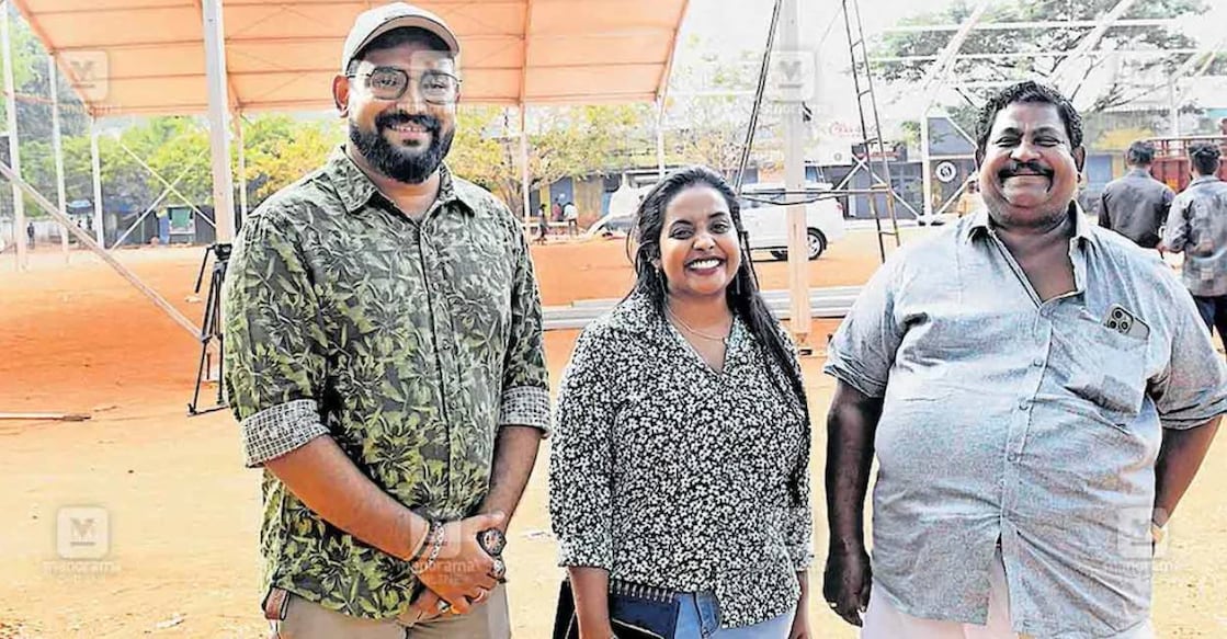 Harishankar, Greeshma and Vijayakumar at the site of the Kerala School Kalolsavam stage work. Photo: Manorama