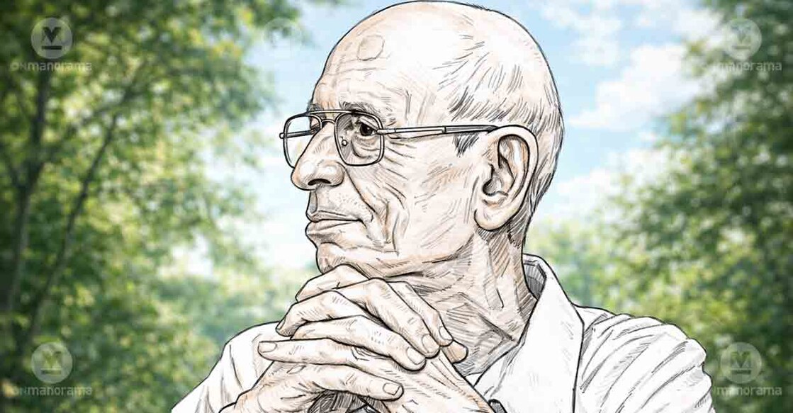 An illustration of Madhav Gadgil. Image: Malayala Manorama