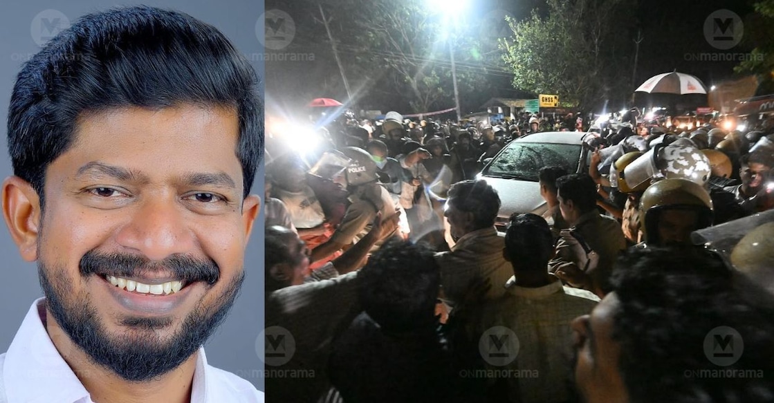 1) Minister O J Janeesh; 2) Janeesh’s car moving through a crowd in Trikaripur. Photos: Manorama.
