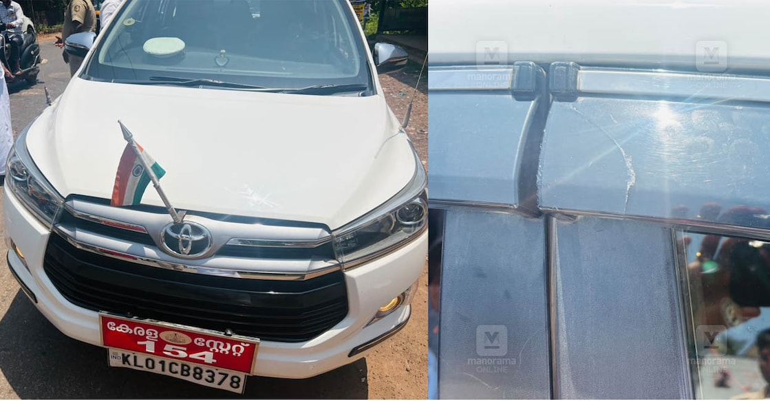 Damages seen in the car of O J Janeesh after the attack by DYFI. Photo: Manorama Online