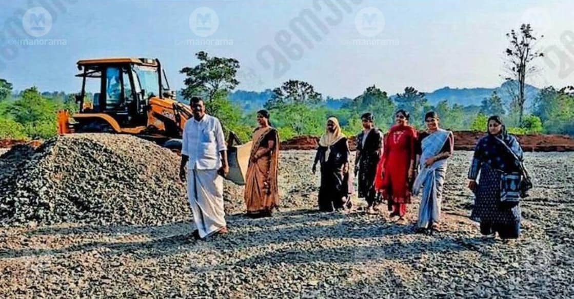 Panchayat President N.C. Krishna Kumar is inspecting the construction works of the helipad at Ambalavayal. Photo: Special Arrangement.