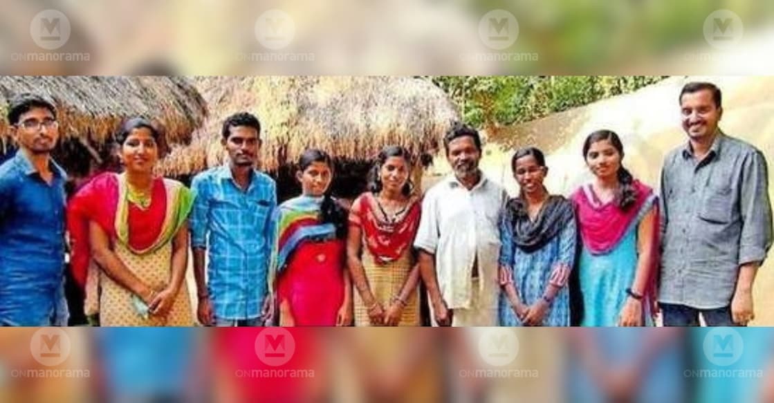 A Sajith and his students with Cheruvayal Raman at his home in Wayanad. Photo: Special Arrangement.