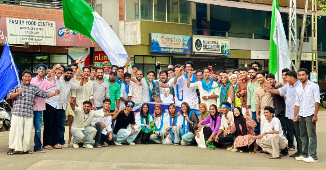 UDSF workers celebrating victory at Ambedkar Government Arts and Science College, Balussery, in Kozhikode. Photo: Special Arrangement.