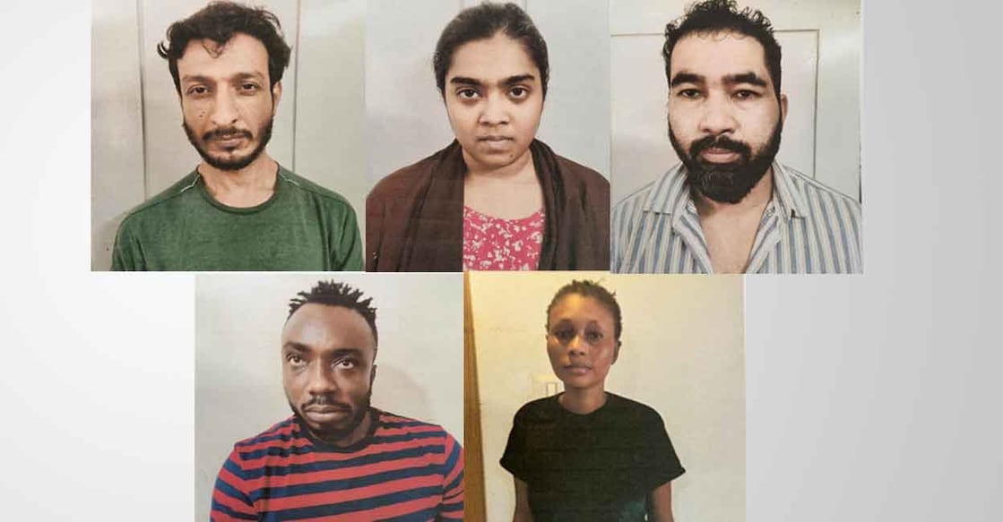 Abubacker (38) and his wife Amina Ashra (35), natives of Chattanchal in Kasaragod; Waseem Akram (35), a native of Bengaluru; and Nigerian nationals Uka Moses (41) and  Hafsa Rihanath Usman alias Blessing Joy (25) . Photo: Special arrangement