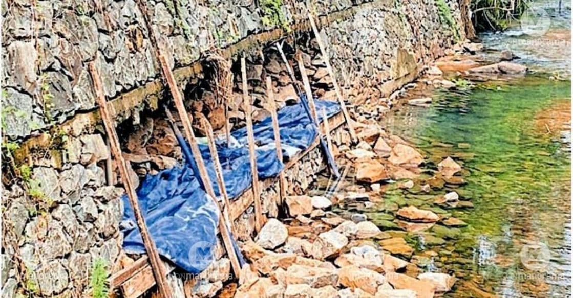 Repair work underway on the collapsed retaining wall along the Hill Highway at Edur Vempuzha.  Photo: Special arrangement