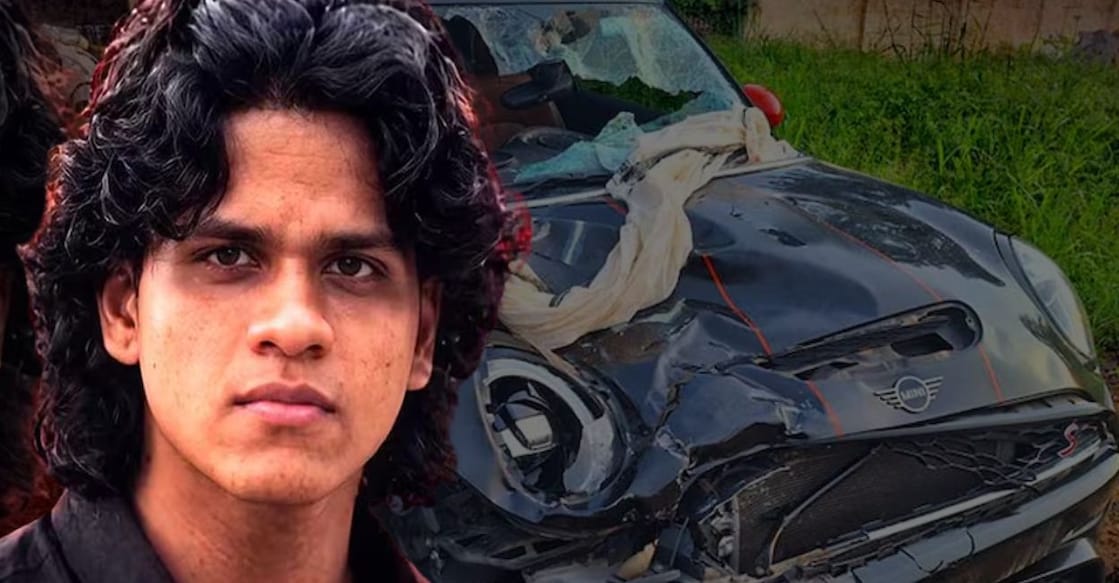 Suhail Sajeev and the Mini Cooper car involved in the accident. Photos: Special Arrangement. 