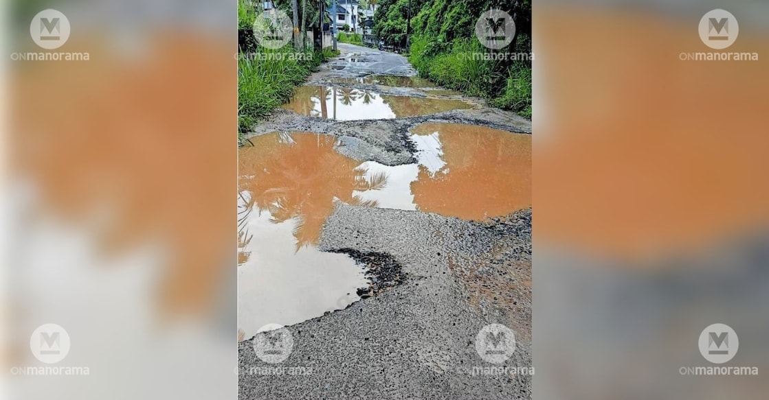 The battered and waterlogged stretch of the Kazhakoottam Punnattu Thampuran Temple–Chanthavila road. Photo: Special arrangement