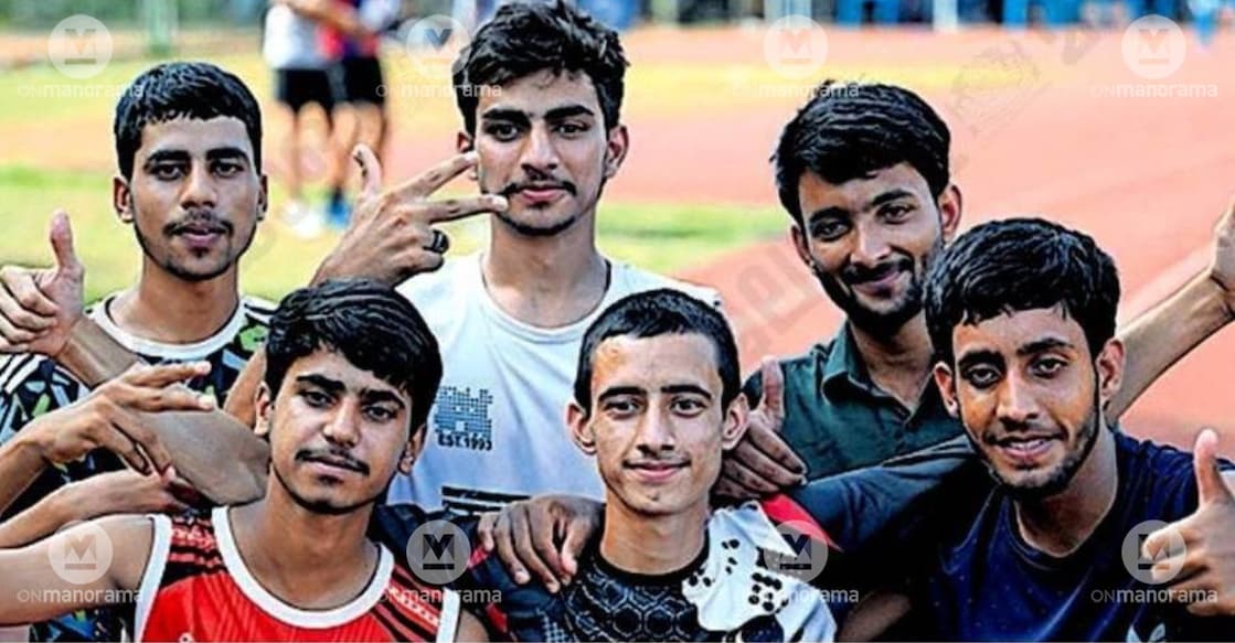 Kashmiri students C.H. Aftab Ahmed, Altaf Muhammed, Ummar Nisar, Muhammed Abid Mir, Ibrar Ahmed, and C.H. Vahid Ahmed, who are competing for Karanthur Markaz Higher Secondary School at the district school sports meet. Photo: Special arrangement