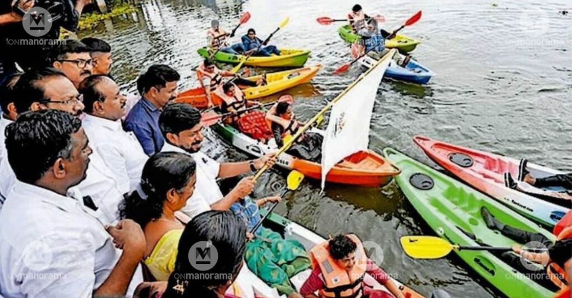 Minister O J Janeesh flags off the newly launched kayaking and canoeing activities under the Muziris Heritage Project. Photo: Special arrangement