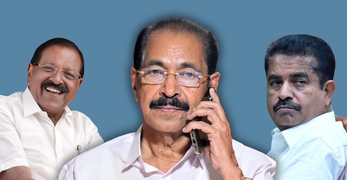 Rajmohan Unnithan (L), Sunny Joseph and Adoor Prakash. Photo: Manorama/Canva