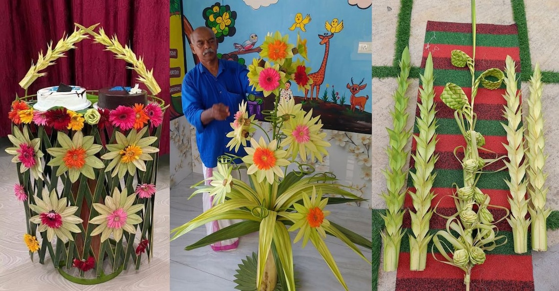 Narayanankutty and his kuruthola decorations for various occasions, including a birthday celebration, an Anganwadi function and Palm Sunday. Photos: Special Arrangement.