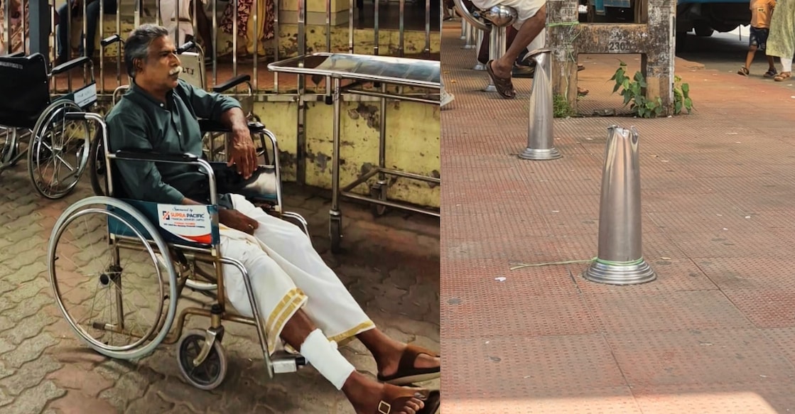 A combination image showing P R Shanthanu and the metal stubs in the bus stand. Photo: Special arrangement