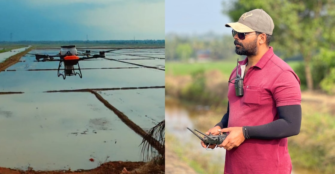 Raheed Usman pilots a spreader drone over a Kole farm. Photo: Special Arrangement
