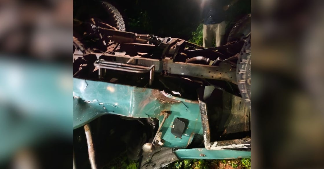 The jeep that fell into a ditch at Kakkadampoyil in Kozhikode. Photo: Special arrangement