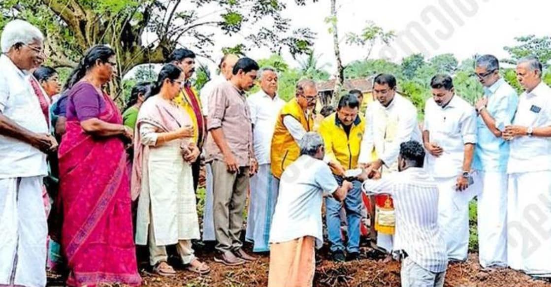 Lions District Governor V S Jayesh lays the foundation stone for the 13th house being built by the Vazhithala Lions Club.Photo: Special Arrangement