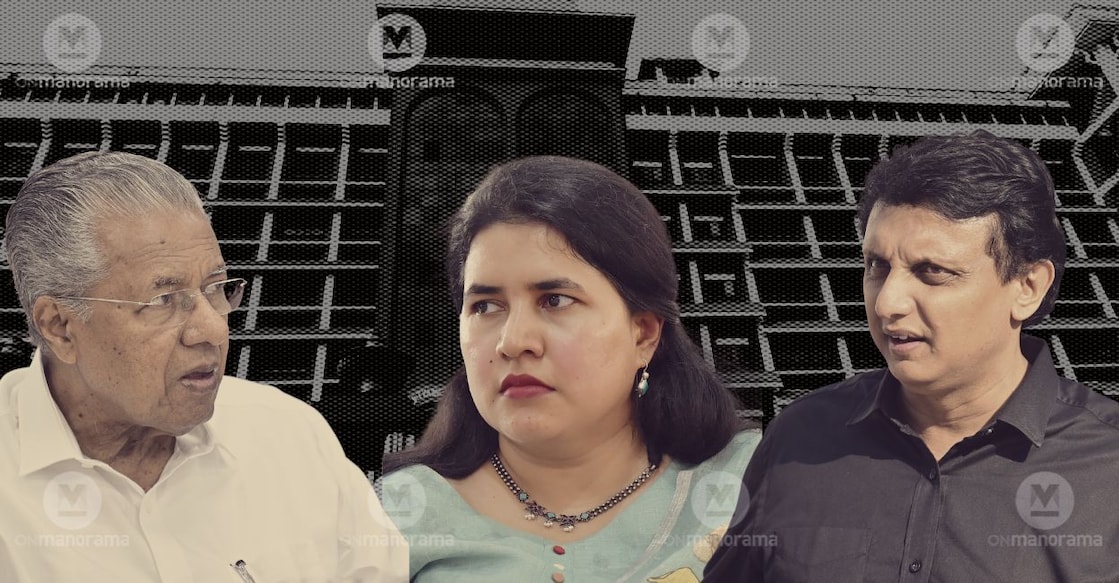 Pinarayi Vijayan, Veena T and P A Mohammed Riyas. Photo: Onmanorama