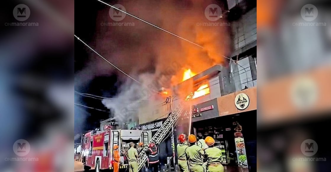 The aftermath of the fire that broke out early yesterday morning at shops along Kannur's Market Road. Photo: Special Arrangement.