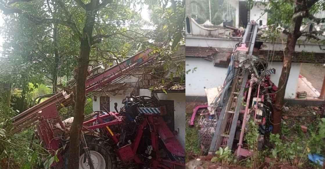 The borewell rig-mounted truck that crashed into a house, killing two migrant workers. Photo: Special arrangement