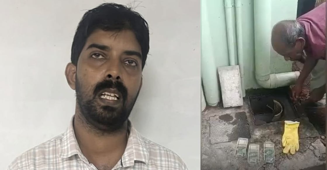 1) Sreeji G S, 2) Officials recover the cash. Photos: Special Arrangement. 