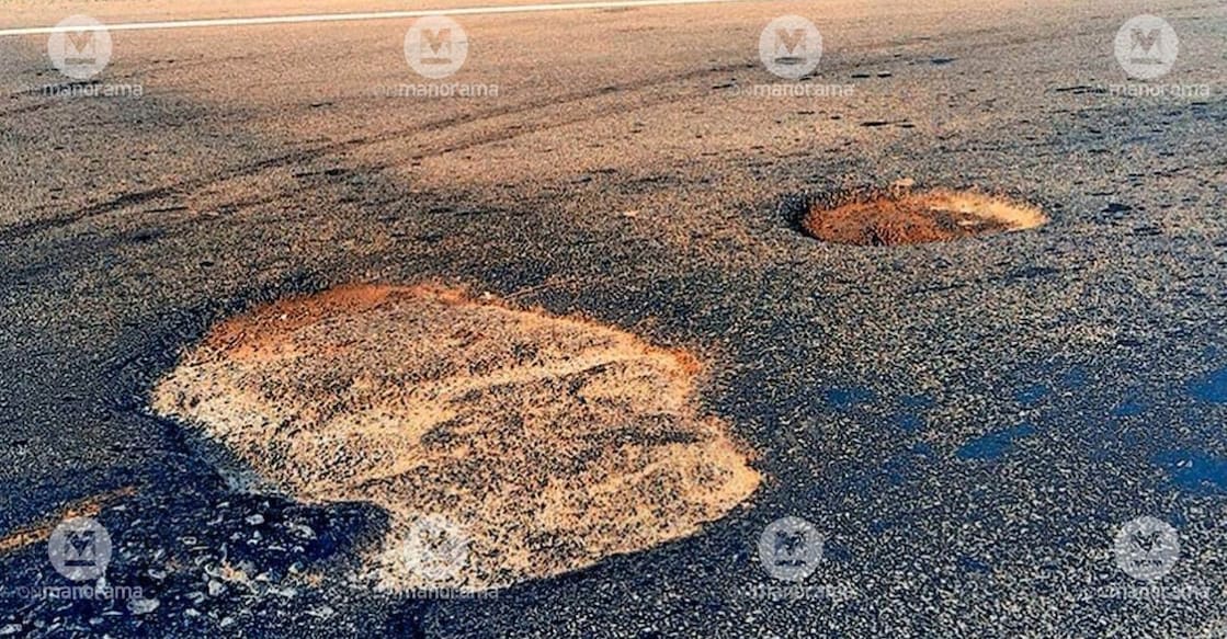 "Pothole hazard at Nayathode Junction on MC Road."
