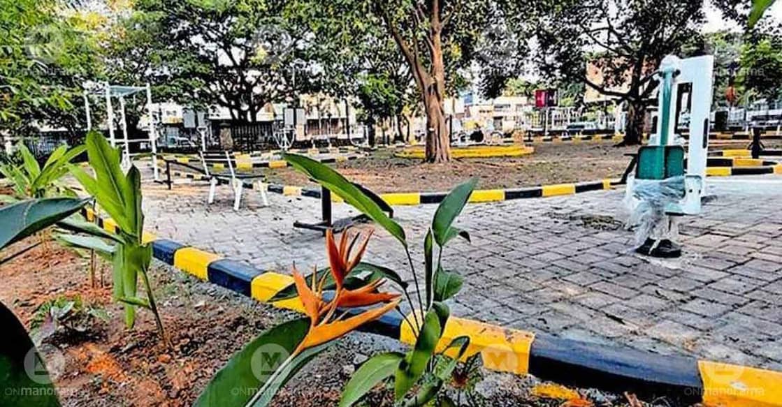 The open-air gym at Palakkad’s Fort Maidan, now ringed with newly planted flowering shrubs. Photo: Special arrangement
