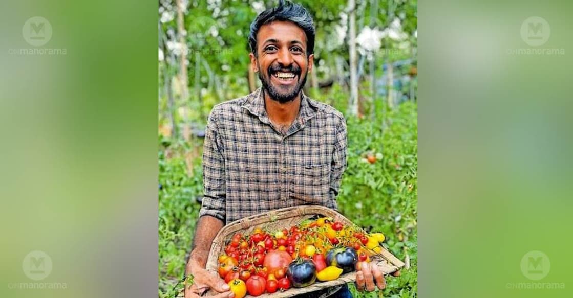 Suraj Purushothaman with a harvest of his vibrant, multi-coloured tomatoes. Photo: Special arrangement