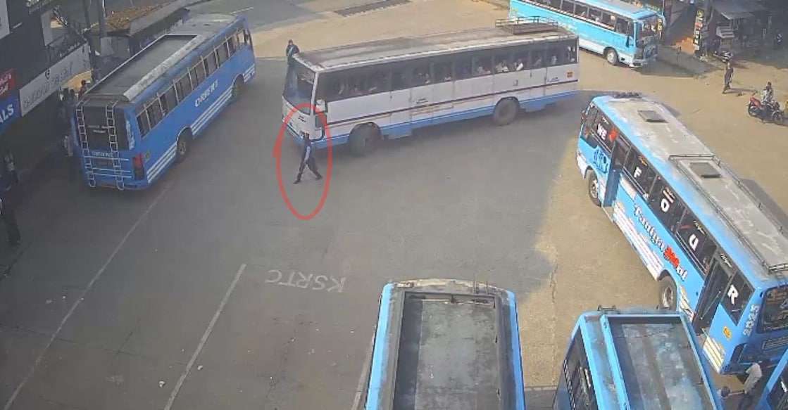 Mufeeda, seen inside the circle, walks near the bus stand as the KSRTC bus enters. She was soon hit by the bus. Photo: CCTV Screengrab/Special Arrangement. 