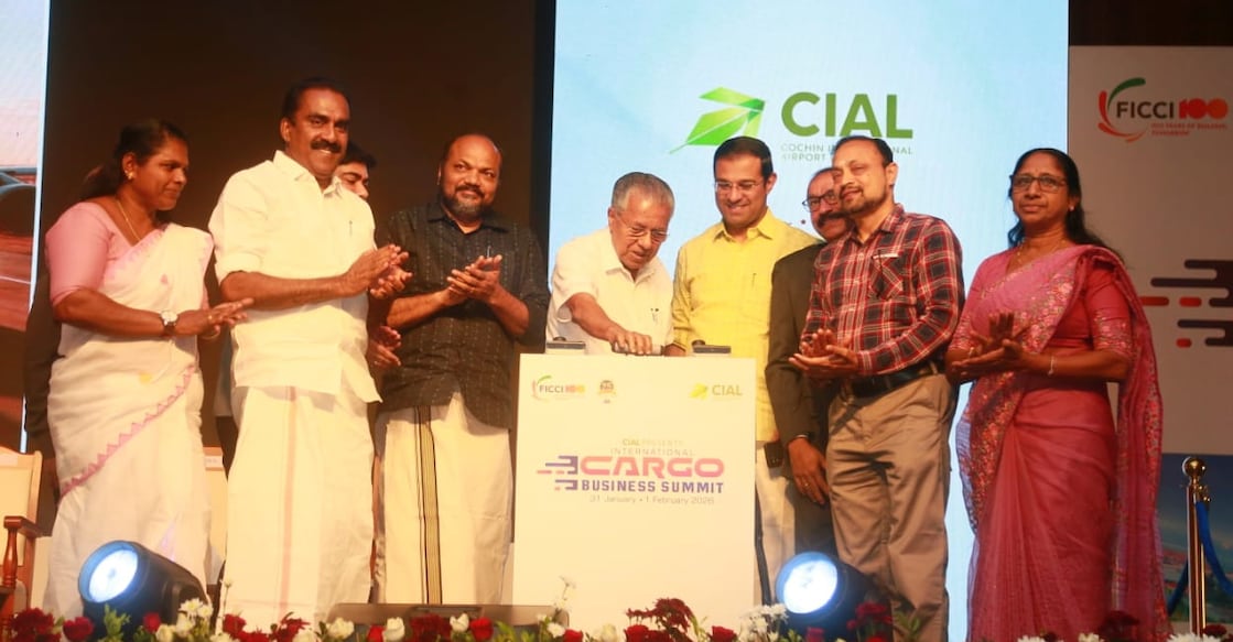 Chief Minister Pinarayi Vijayan inaugurates the plenary session of the CIAL International Cargo Business Summit by moving a gear lever on a specially prepared cockpit model. Photo: Special Arrangement