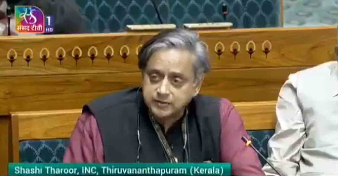 Shashi Tharoor speaks in the Lok Sabha. Photo: Sansad TV
