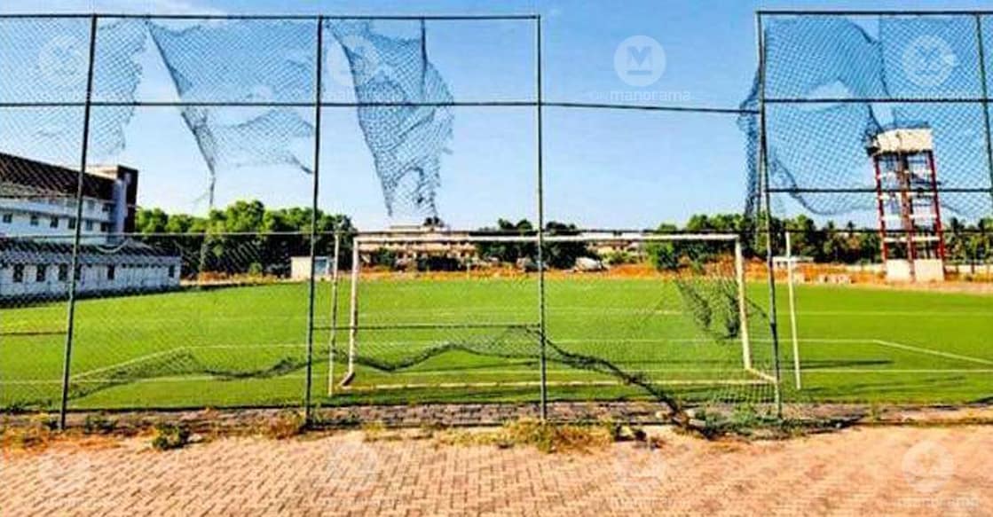 The protective fencing at the Rajiv Gandhi Memorial Synthetic Stadium in Thrikkarippur, Nadakkavu, is torn in several places. The artificial turf too shows signs of damage. Photo: Special arrangement
