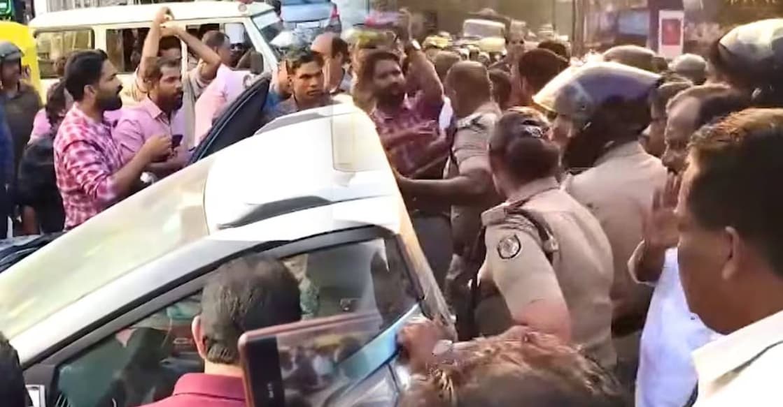 Protest over child's death at Nedumangad District Hospital on Tuesday. Photo: Manorama News