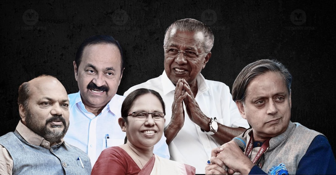 Pinarayi Vijayan, VD Satheesan, P Rajeev, K K Shailaja and Shashi Tharoor. Photo: Onmanorama