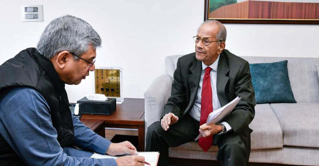 Railway Minister Ashwini Vaishnaw during a meeting with 'Metro Man' E Sreedharan. Photo: PTI