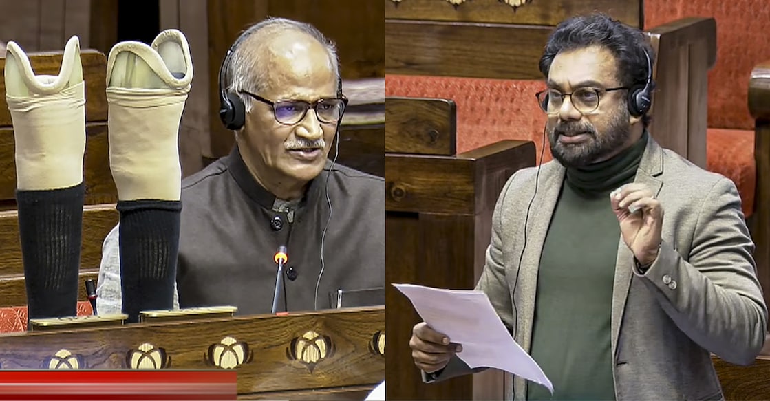 BJP MP C Sadanandan Master speaks in the Rajya Sabha during his maiden speech, with his artificial limbs seen on the desk in New Delhi, Monday, Feb. 2, 2026. MP John Brittas speaks in the Rajya Sabha (R). Photo: Sansad TV via PTI