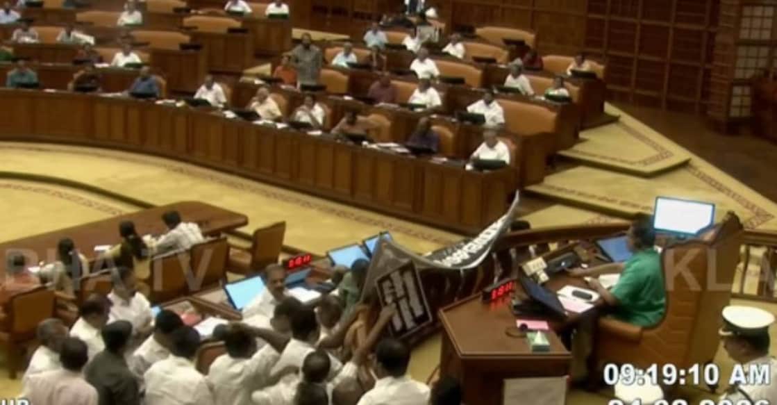 Opposition stages protest inside Kerala assembly on February 24. Photo: Screengrab/Sabha TV